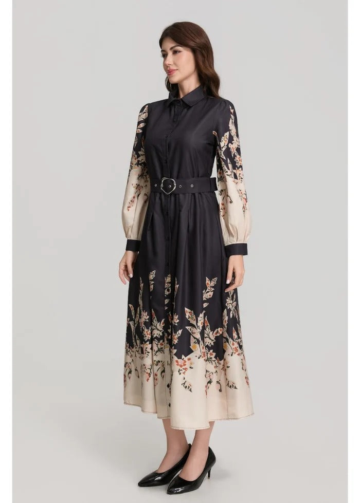 Border Print Long Sleeve Shirt Dress with Belt