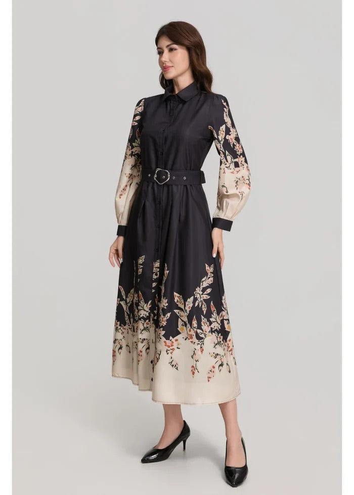 Border Print Long Sleeve Shirt Dress with Belt