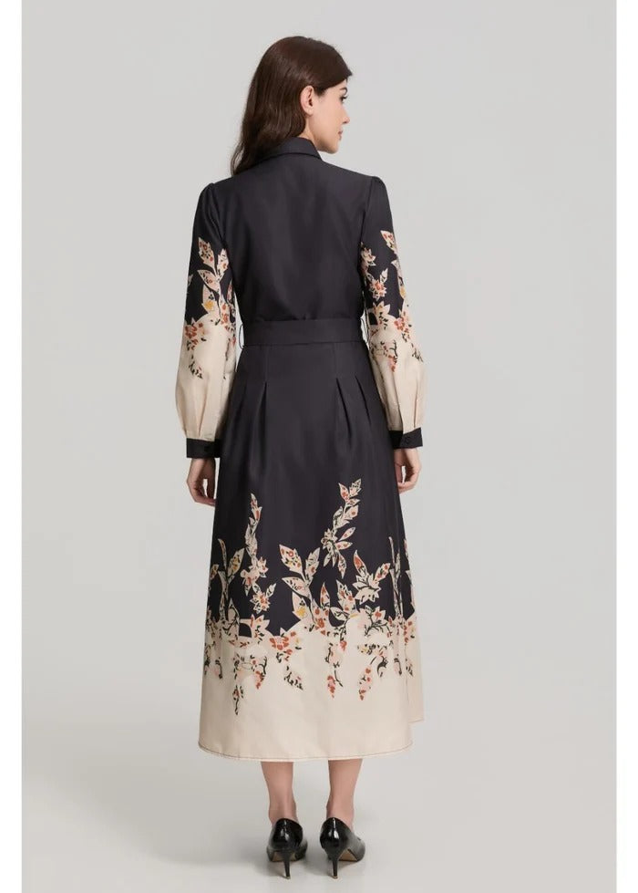 Border Print Long Sleeve Shirt Dress with Belt