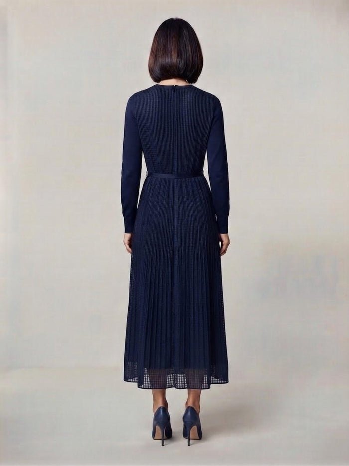 Dark Navy Micro-Pleated Poly Long Sleeve Midi Dress | Fully Lined (50" HPS)