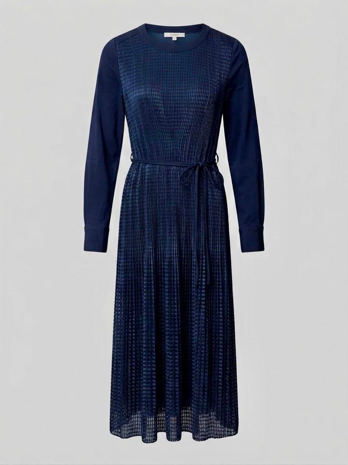Dark Navy Micro-Pleated Poly Long Sleeve Midi Dress | Fully Lined (50" HPS)