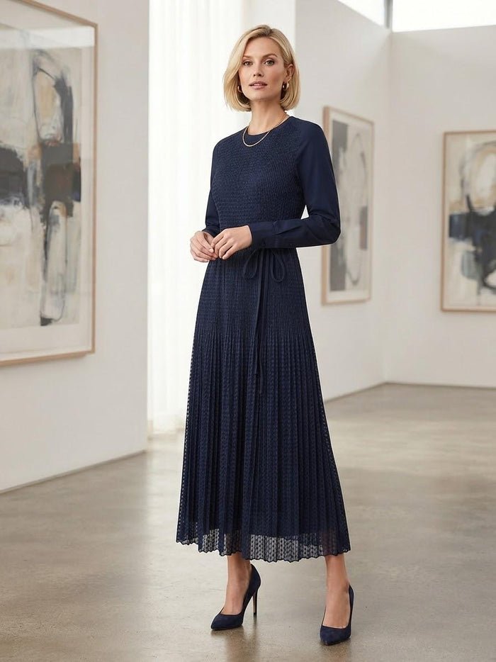 Dark Navy Micro-Pleated Poly Long Sleeve Midi Dress | Fully Lined (50" HPS)