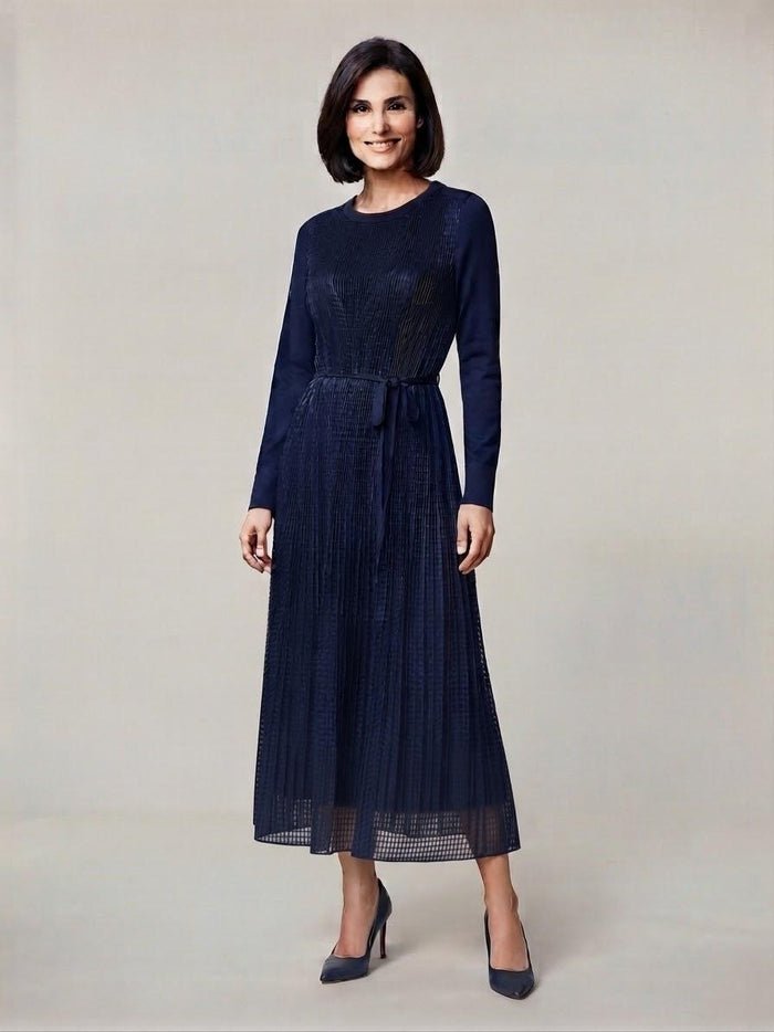 Dark Navy Micro-Pleated Poly Long Sleeve Midi Dress | Fully Lined (50" HPS)