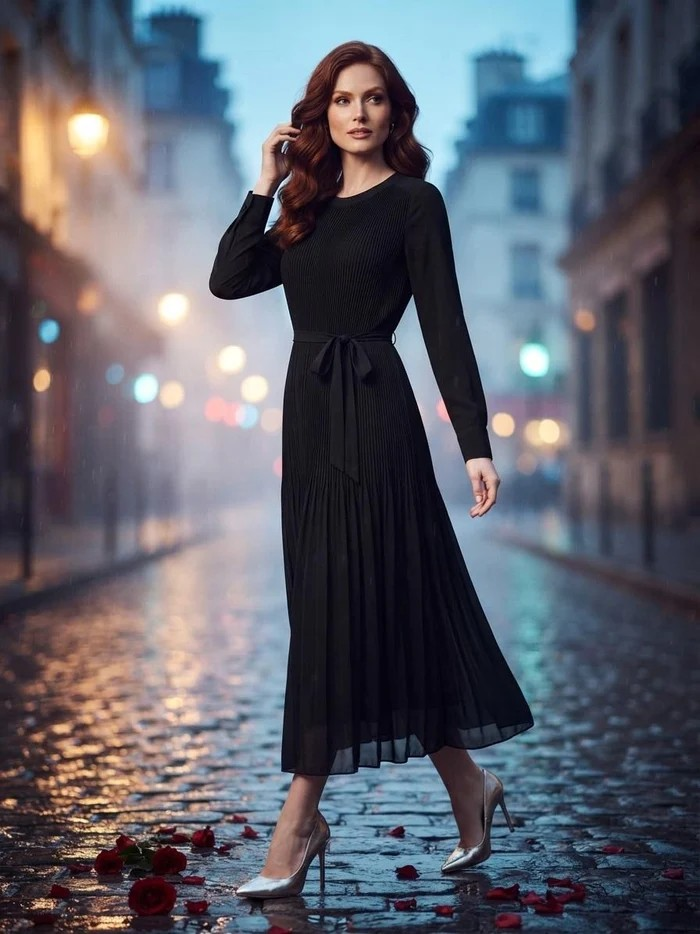 Black Poly Chiffon Micro-Pleated Midi Dress | Fully Lined Modest Belted Dress
