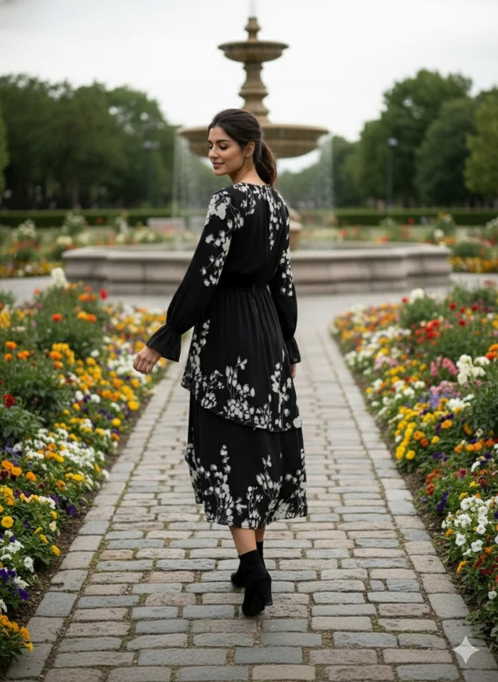 Modest Floral Poly Chiffon Lined Midi Dress – Black & White