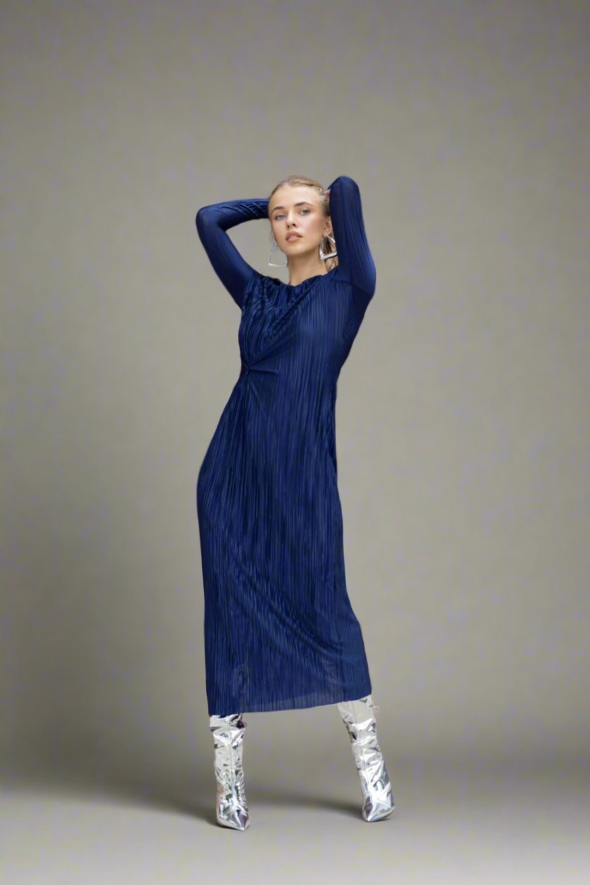 Navy Pleated Dress - Esteem Couture