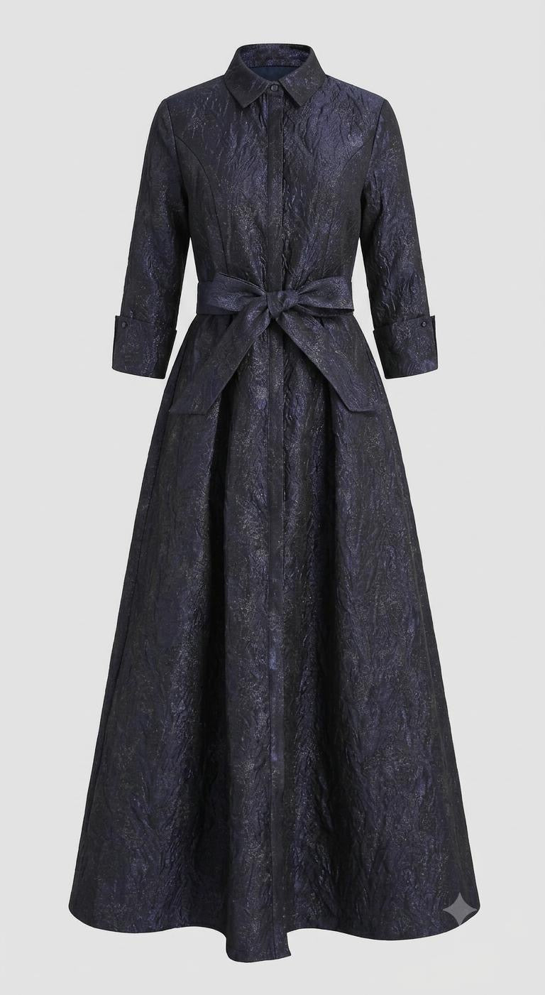 Metallic Navy Jacquard Long Sleeve Maxi Shirt Gown Dress with Sash