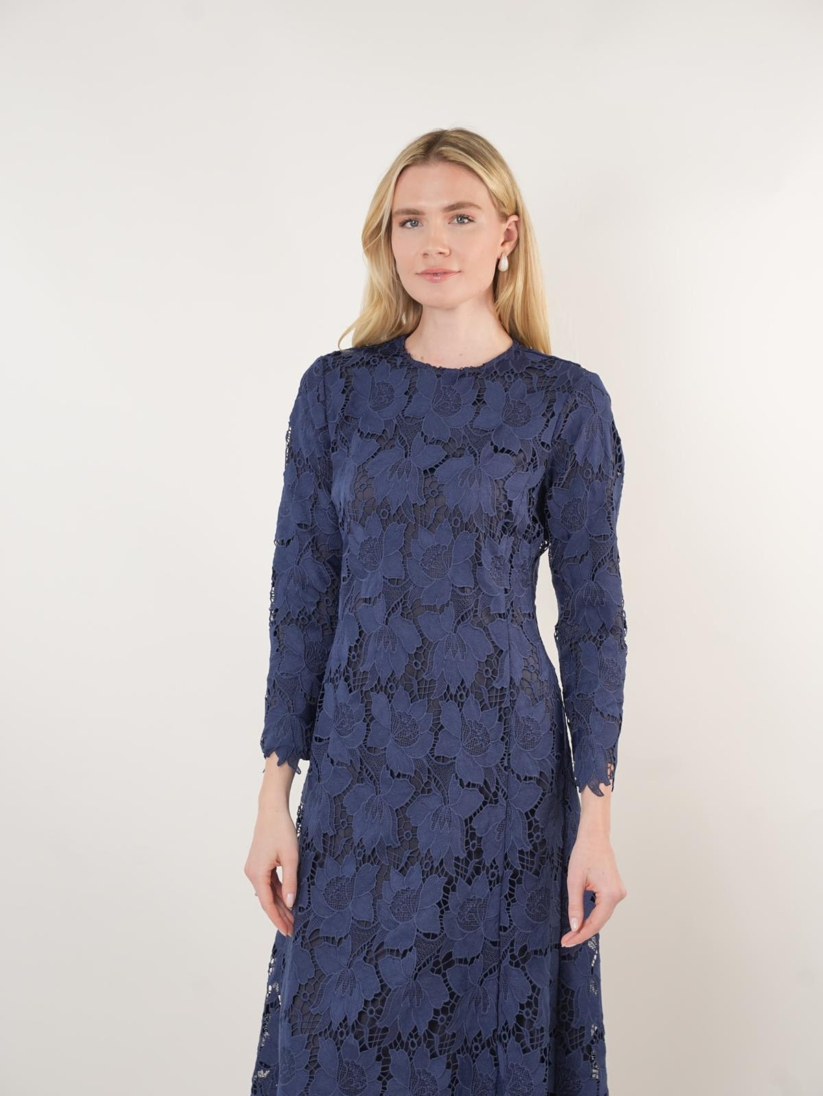 Navy Floral Lace Midi Dress