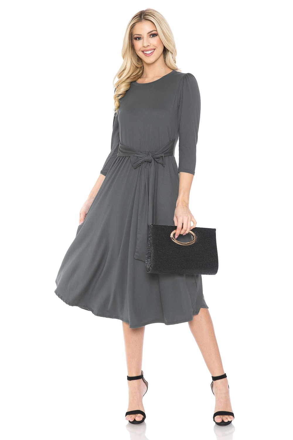 A Line Midi Dress with Shirred Shoulder