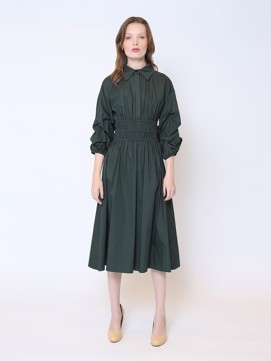 Gracia Ruched Puff Sleeve & Waist A Line Midi Dress D33917