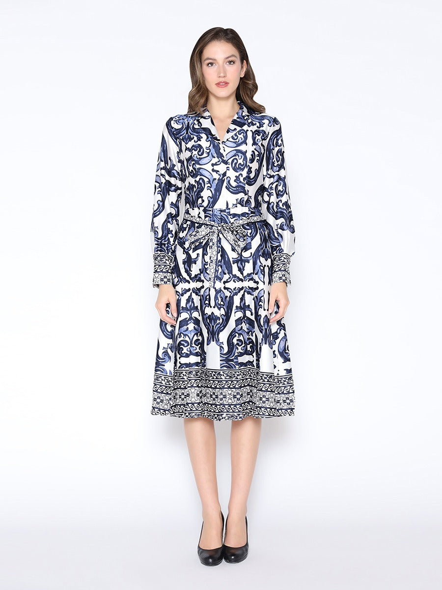 Floral Long Sleeve Lapel Collar Tie Belt Dress - Gracia D36953