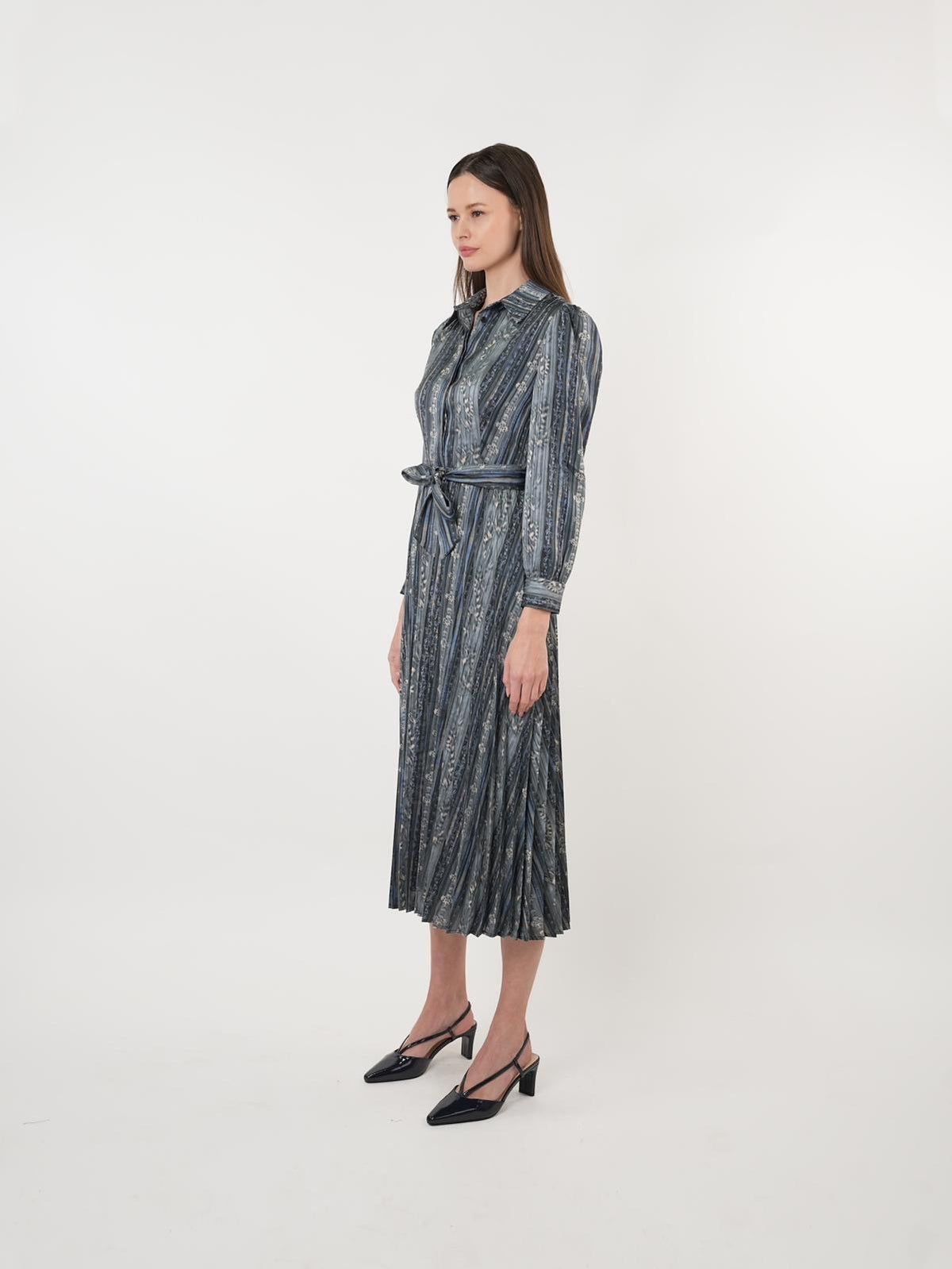 Satin Printed Pleated Midi Shirt Dress