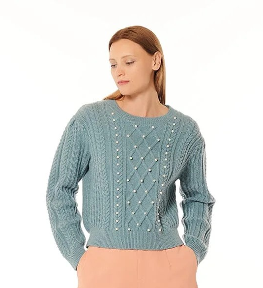 Bead Embellished Long Sleeve Cable-Knit Sweater