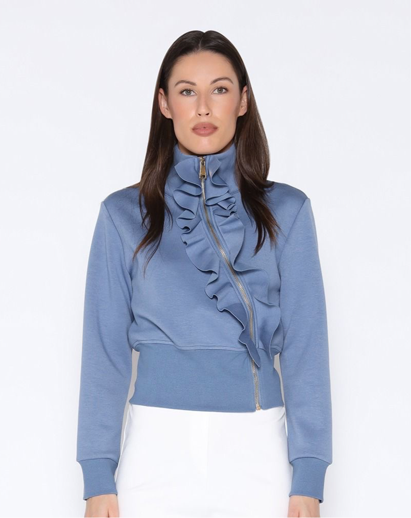 High neck Scuba Asymetrical Ruffled Zip Jacket - Gracia J25202