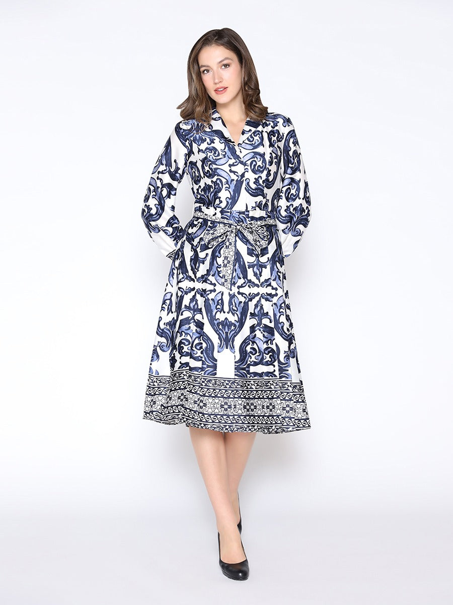 Floral Long Sleeve Lapel Collar Tie Belt Dress - Gracia D36953