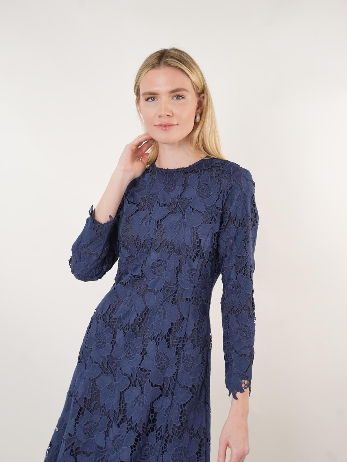 Navy Floral Lace Midi Dress