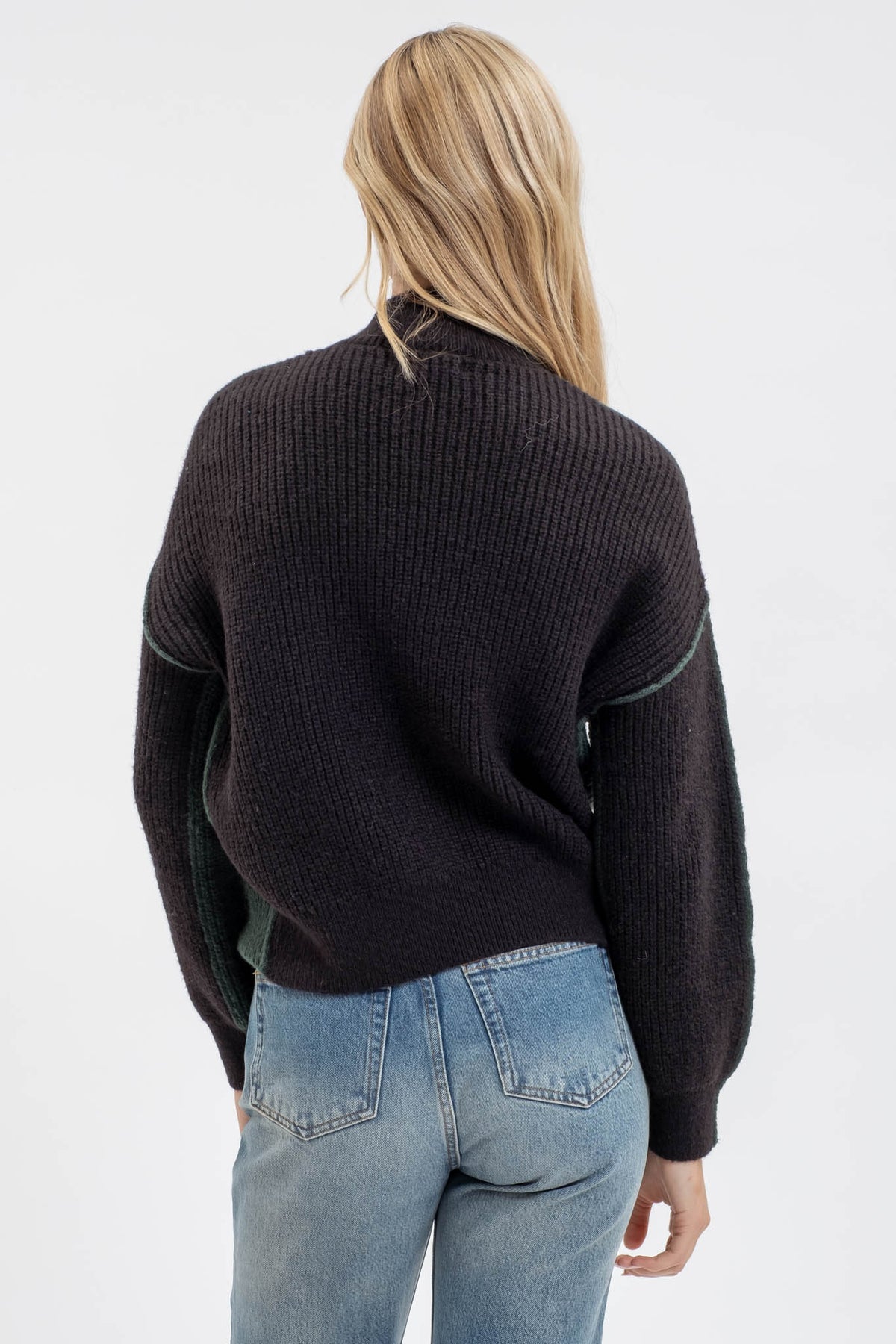 Color Block Mock Neck Exposed Seam Knit Sweater