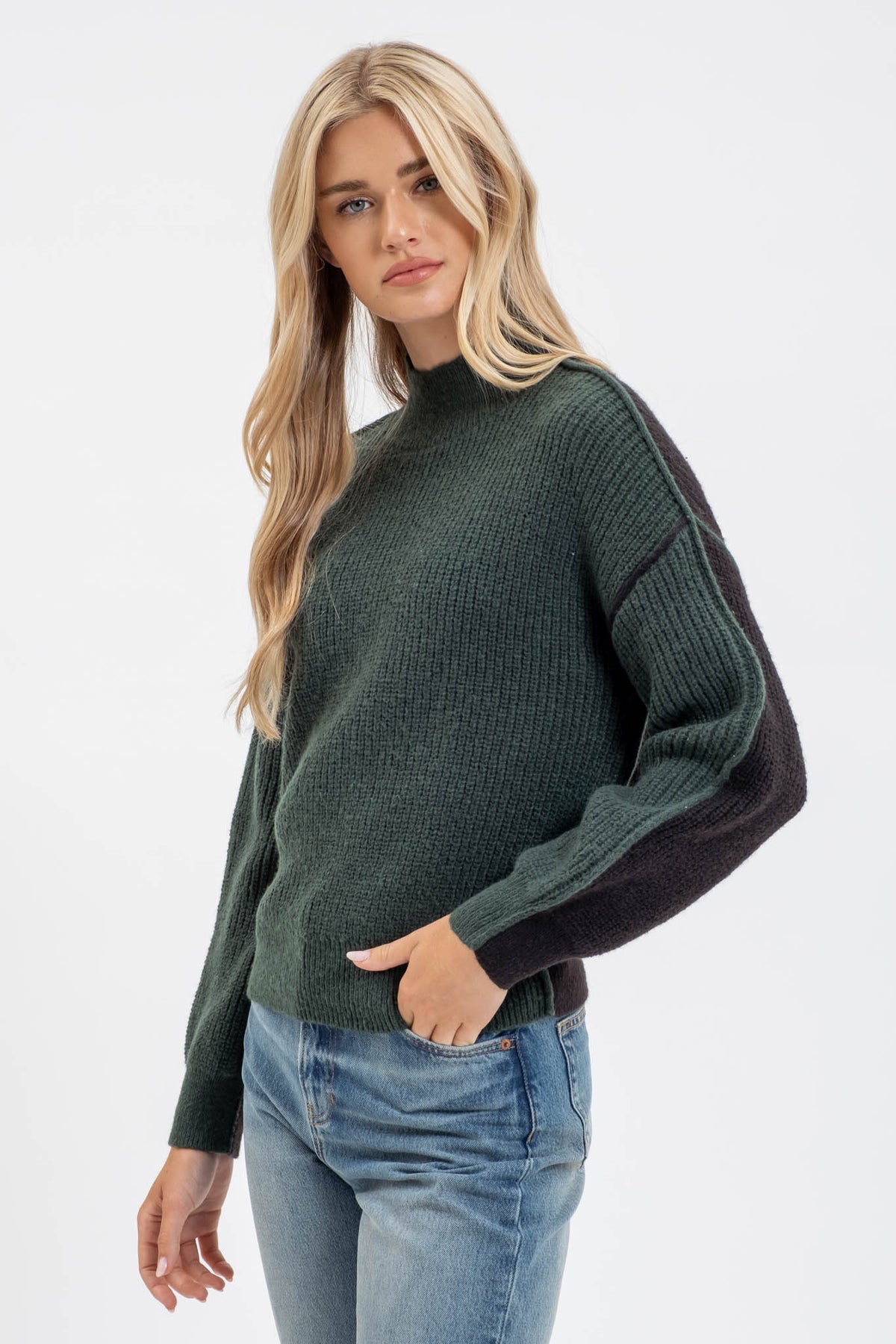 Color Block Mock Neck Exposed Seam Knit Sweater