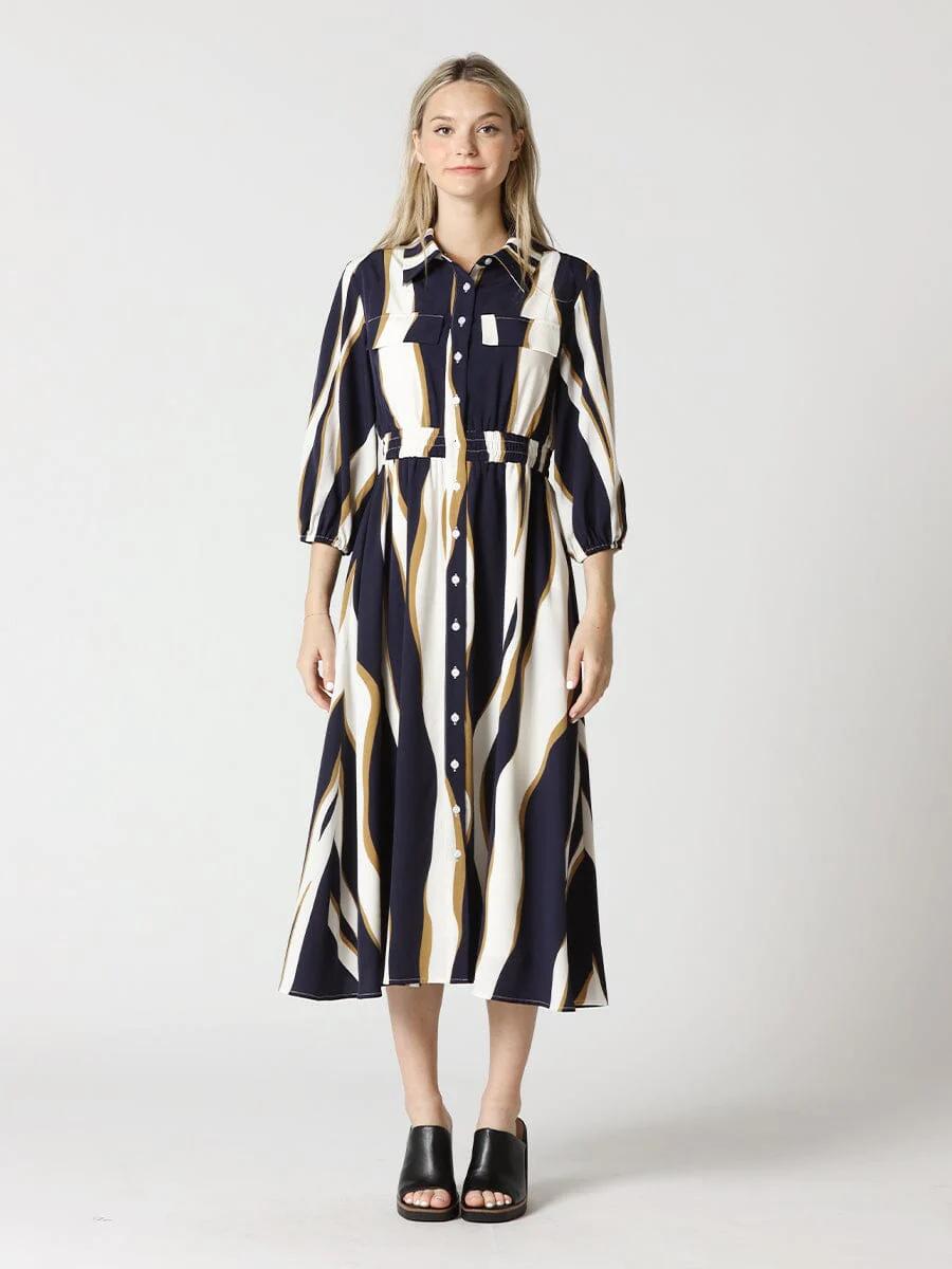 Wavy Abstract Front Button Down Shirt Dress