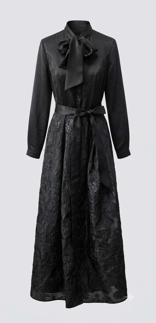 Elegant Black Bow-Neck Maxi Gown with Tie Waist