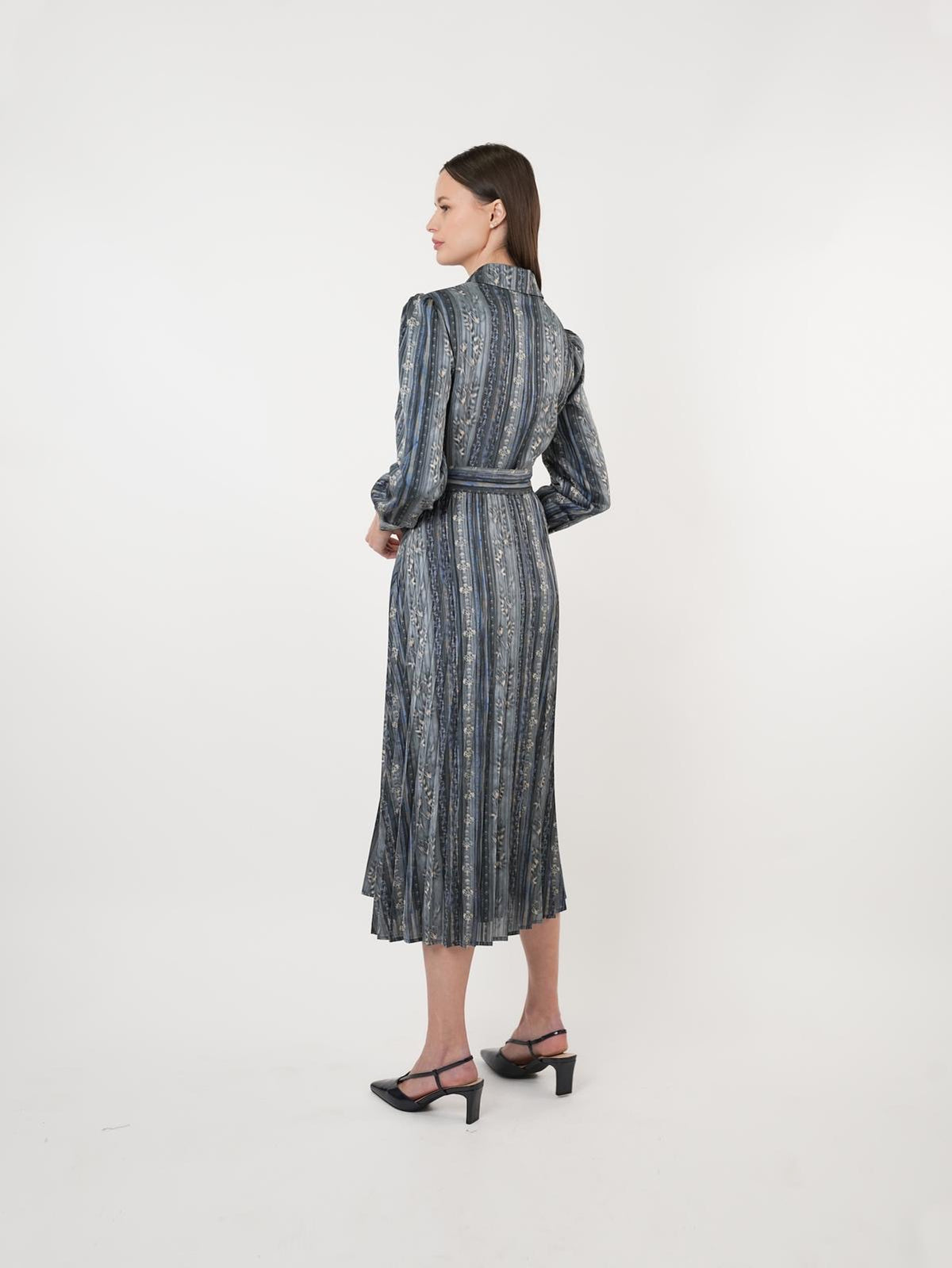 Satin Printed Pleated Midi Shirt Dress