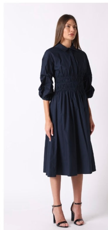 Ruched Puff Sleeve & Waist A Line Midi Dress - Gracia