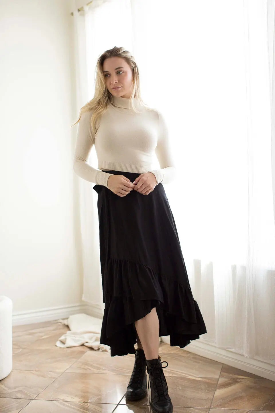 Faux Wrap Hi Lo Skirt- Black