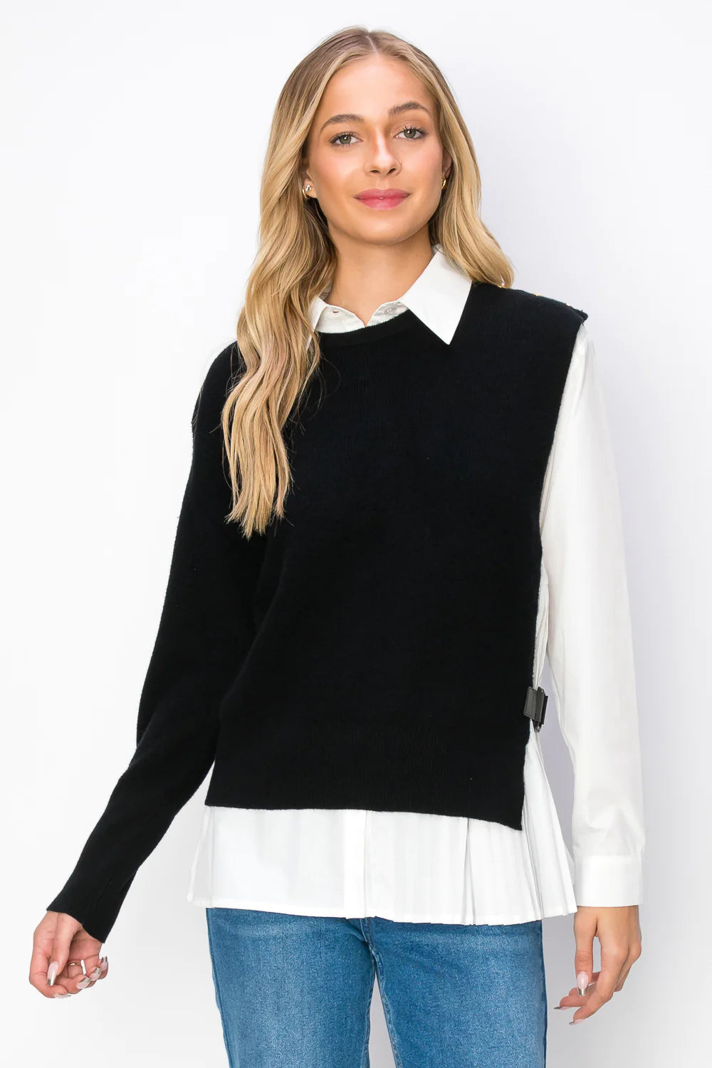 Cotton Pleated Shirt with Knitted Sweater 2pc Set