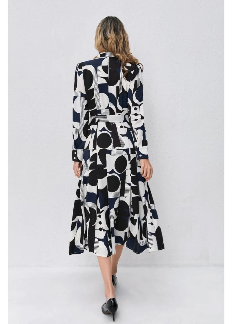 Abstract Harmony Navy White Midi Dress