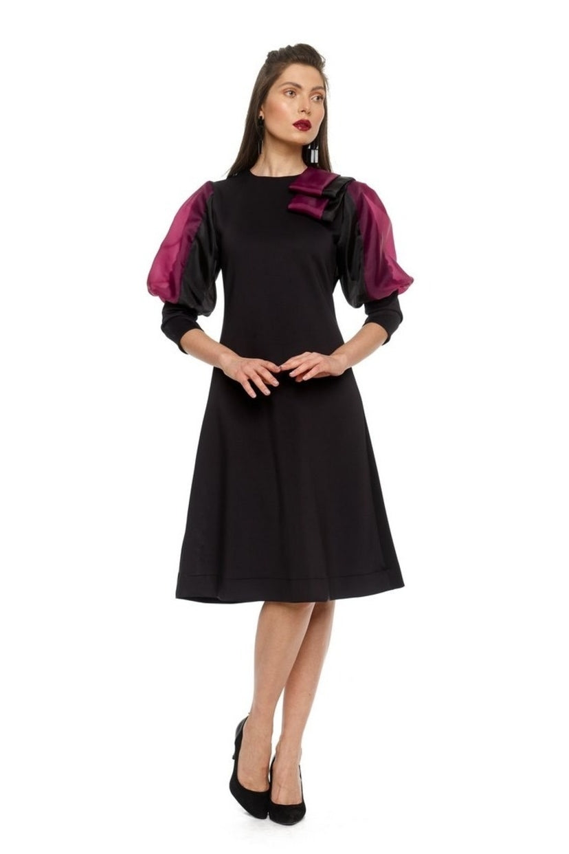 Black & Plum Puffed Sleeve Dress 4941