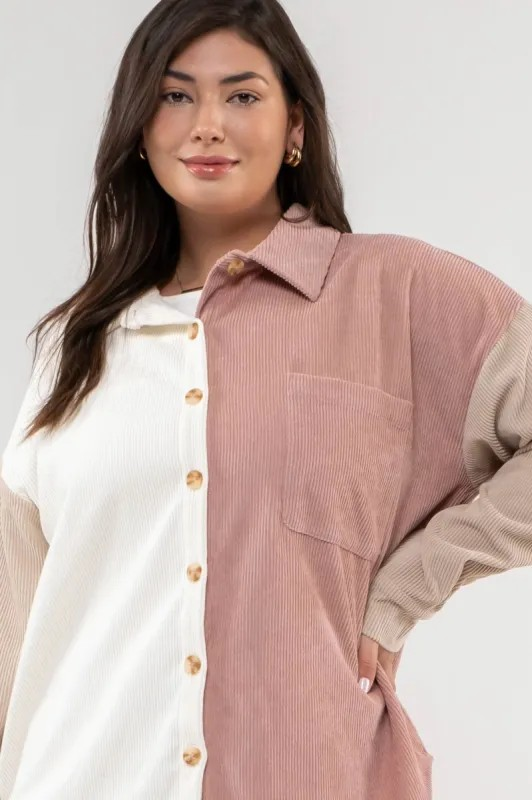 Plus Size Colorblock Corduroy Jacket