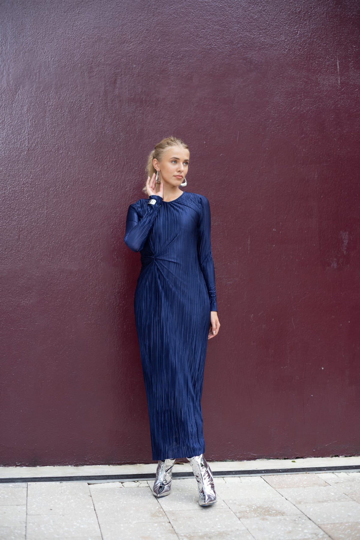 Navy Pleated Dress - Esteem Couture