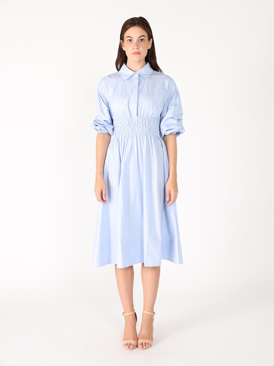 Ruched Puff Sleeve & Waist A Line Midi Dress L/BLUE / XL