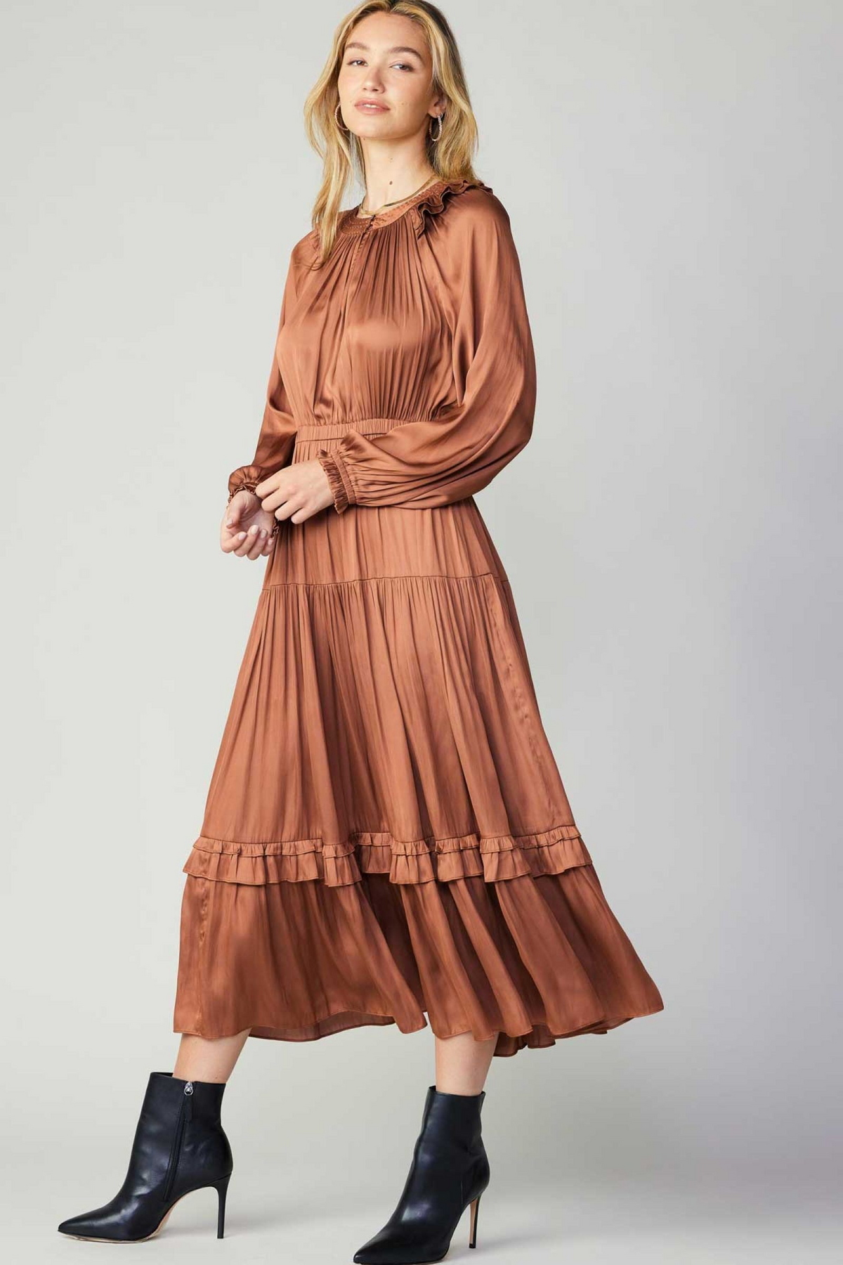 tiered layered midi dress Paige Puff Sleeve Tiered Midi Dress