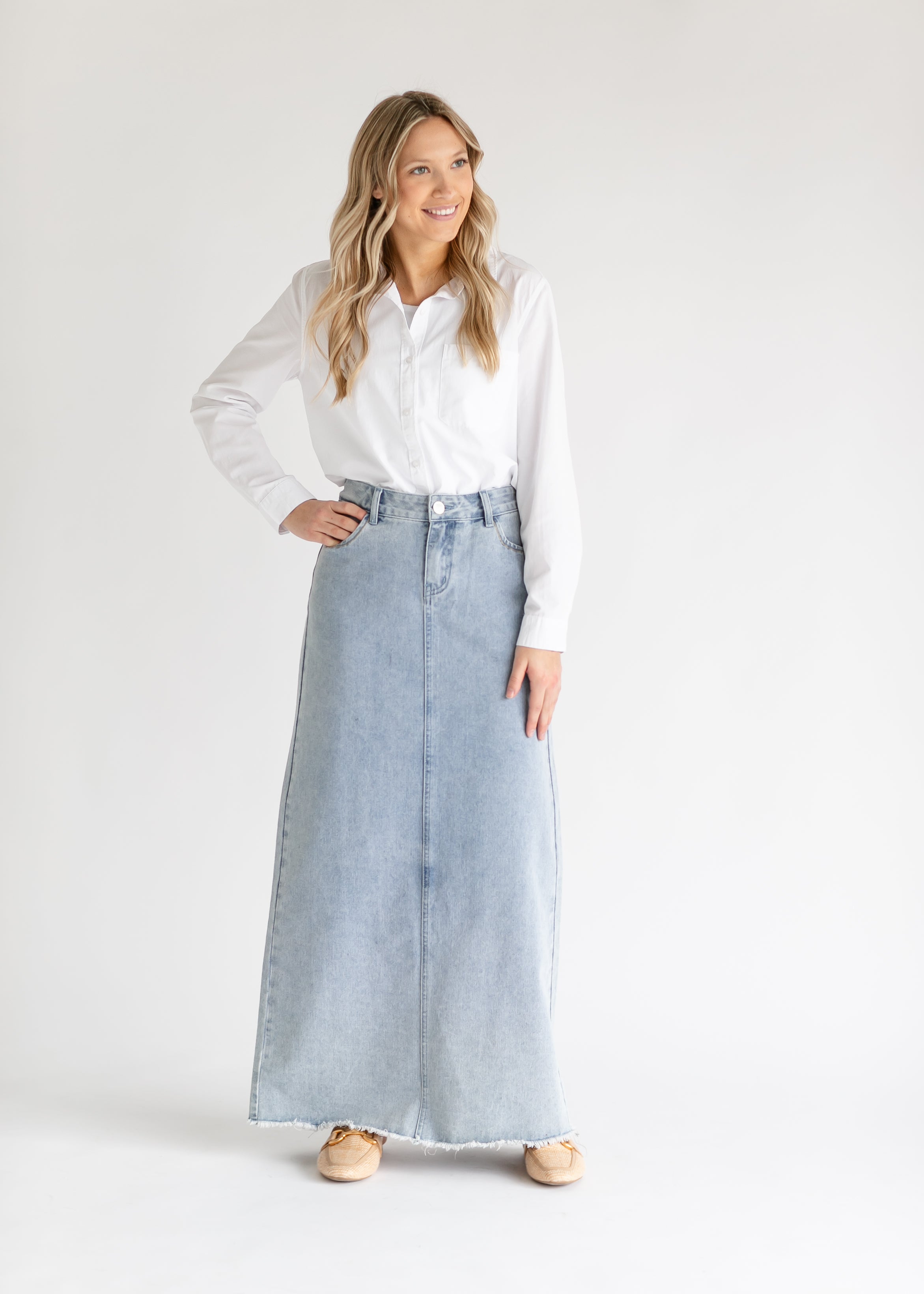 Elisha Light Wash Long Denim Skirt – Unique Boutique