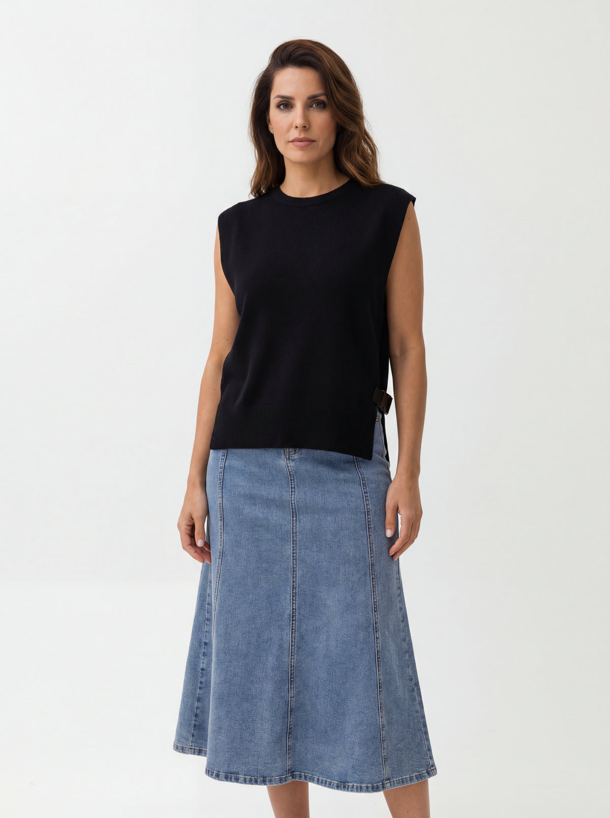 Cotton Pleated Shirt + FLARE MIDI DENIM - 09