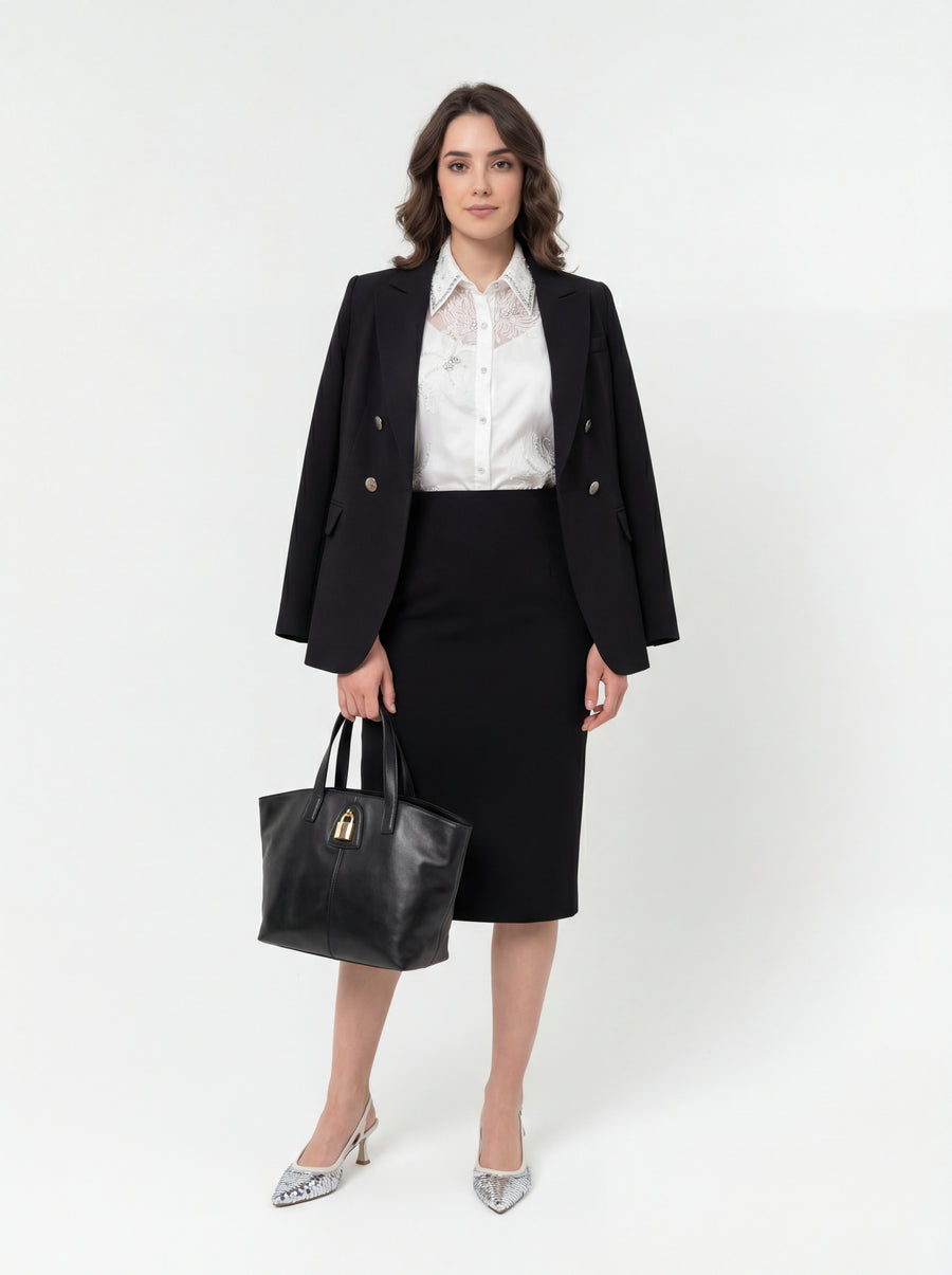 Roberto Festa Silver Sequ + Frank Lyman Woven Blouse + Mossaic Pencil Skirt + Jacket + Madison Maison x Joan - 05