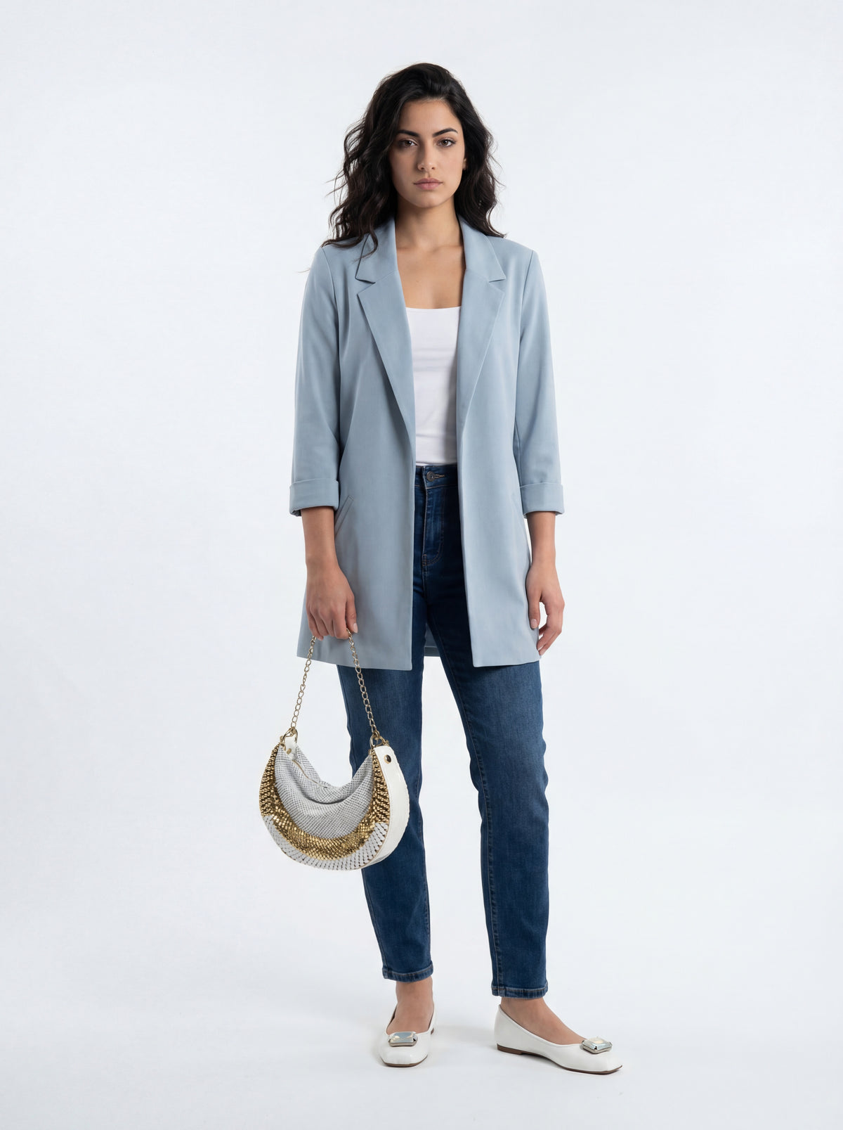 Marion White Jeweled + Woven Top with + Pleated Skirt + Frank Lyman Jacket 236005 + Madison Maison ™ Laura - 04