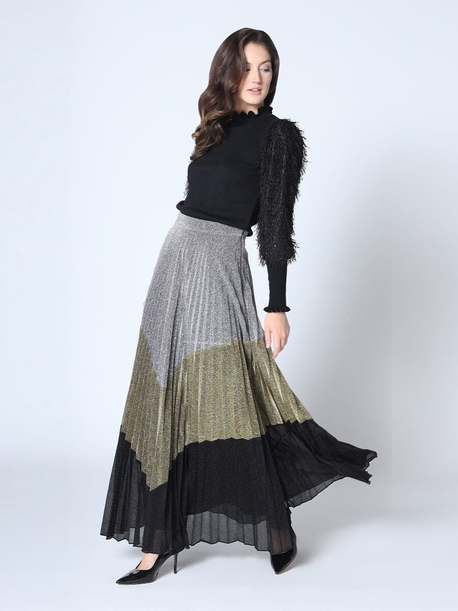 Three Metallic Color Blocked Pleated Maxi Skirt - Gracia S23504