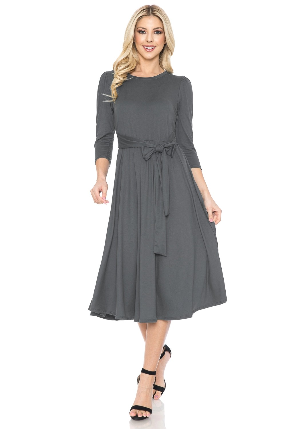 A Line Midi Dress with Shirred Shoulder