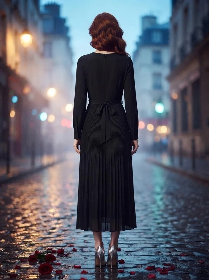 Black Poly Chiffon Micro-Pleated Midi Dress | Fully Lined Modest Belted Dress
