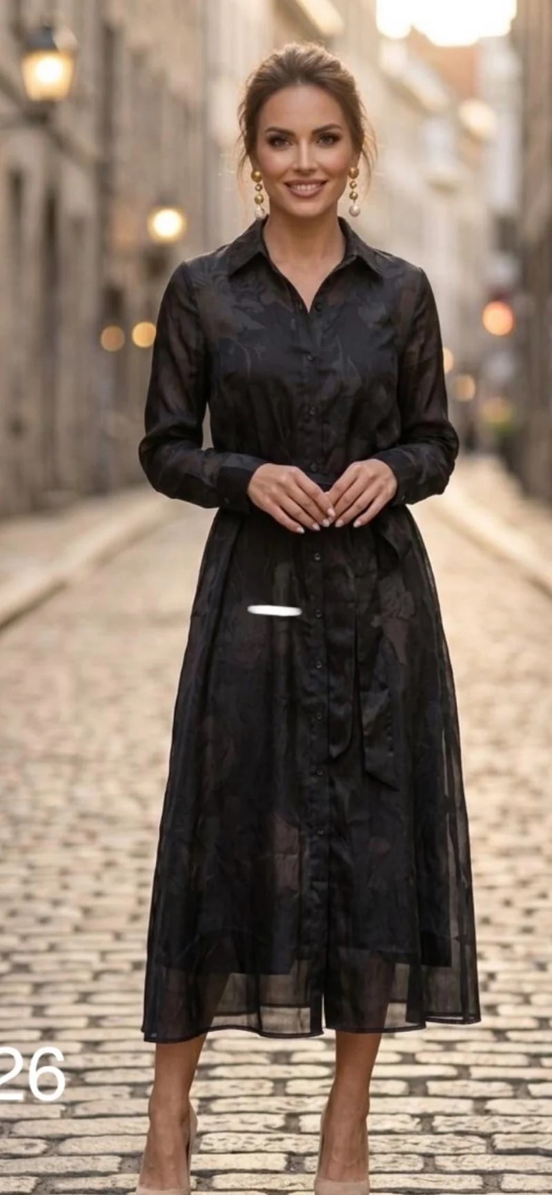 Black Chiffon Organza Layered Midi Shirt Dress