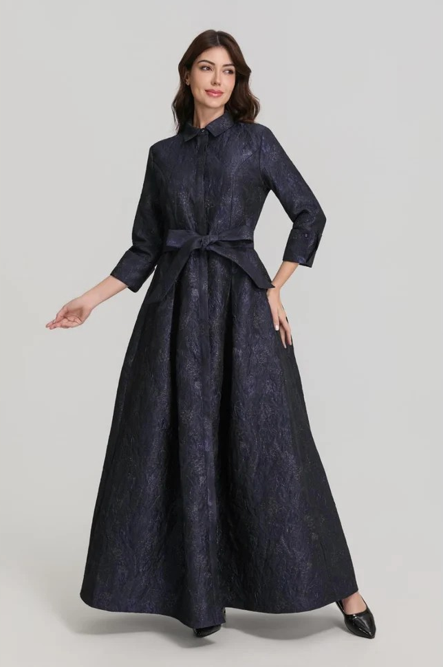 Metallic Navy Jacquard Long Sleeve Maxi Shirt Gown Dress with Sash
