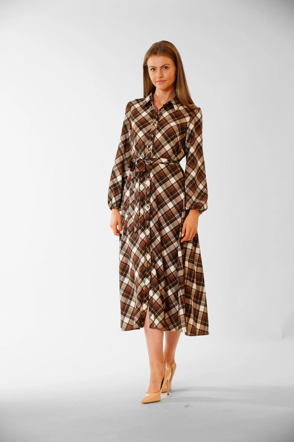LONG SLEEVE PLAID SHIRTDRESS W/ SELF SASH