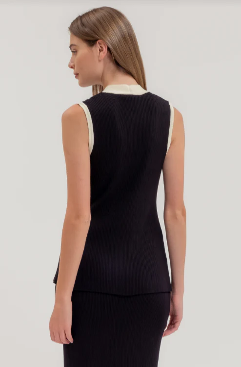 Black Knit Vest with Ivory Piping