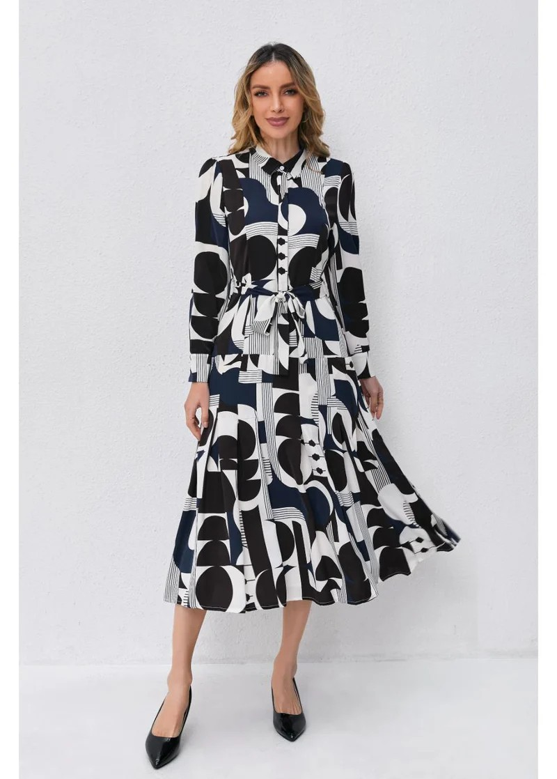 Abstract Harmony Navy White Midi Dress