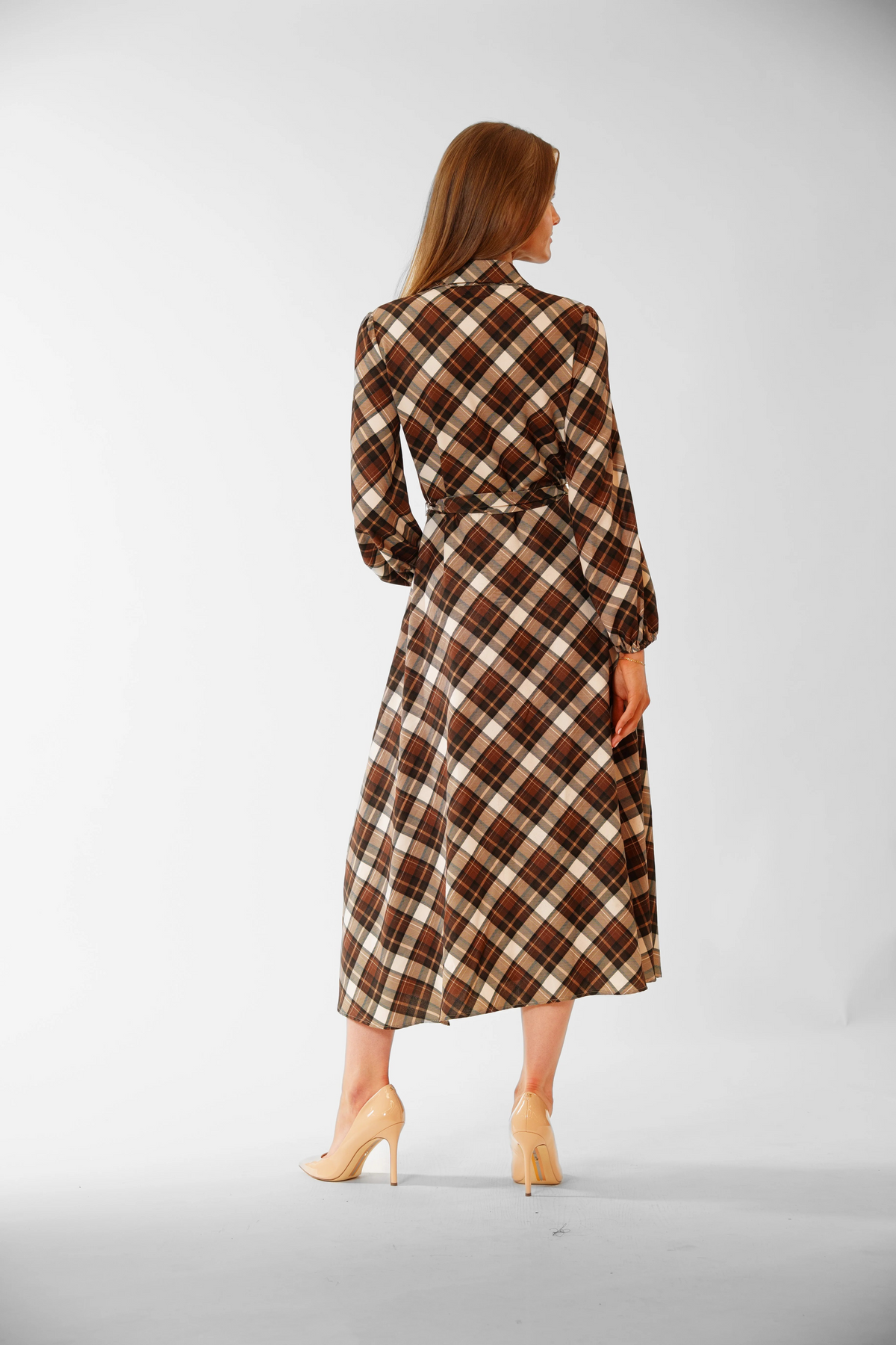 LONG SLEEVE PLAID SHIRTDRESS W/ SELF SASH