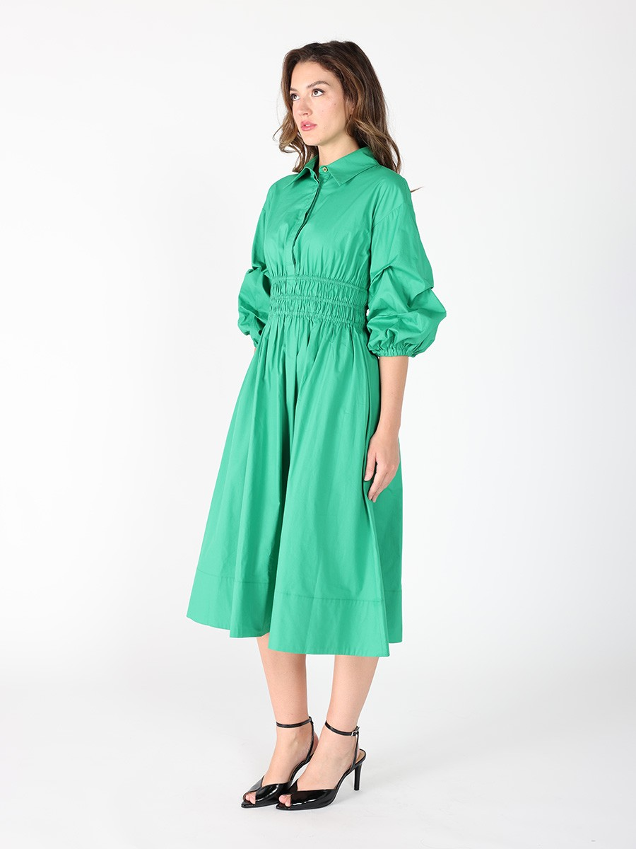 Ruched Puff Sleeve & Waist A Line Midi Dress GREEN / S