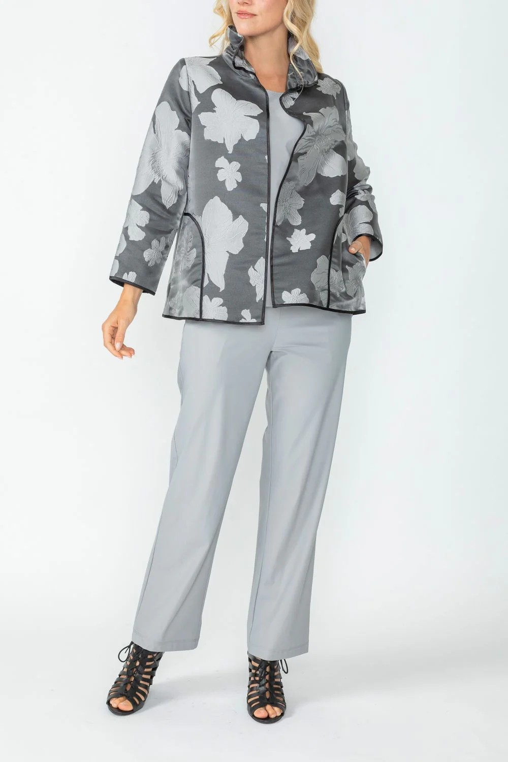 IC Collection Charcoal Wire Stand Collar Jacquard Jacket 4757J
