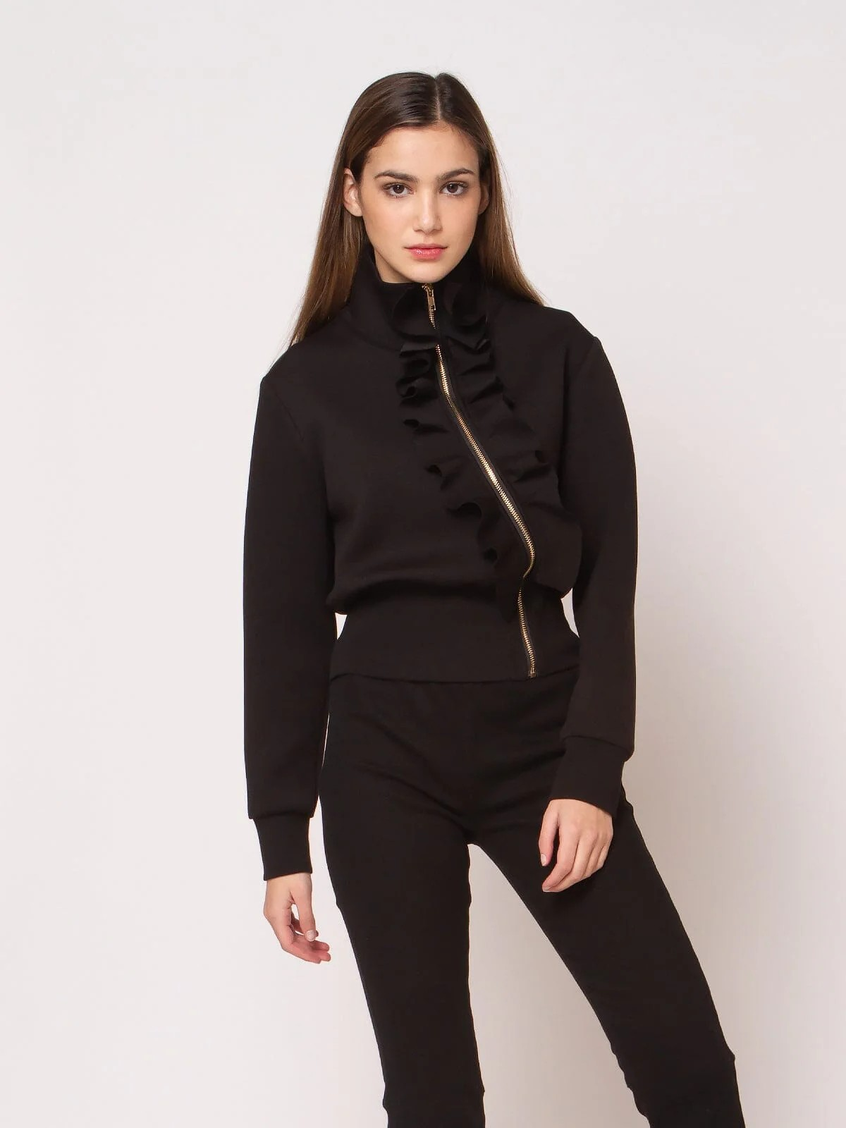 High neck Scuba Asymetrical Ruffled Zip Jacket - Gracia J25202